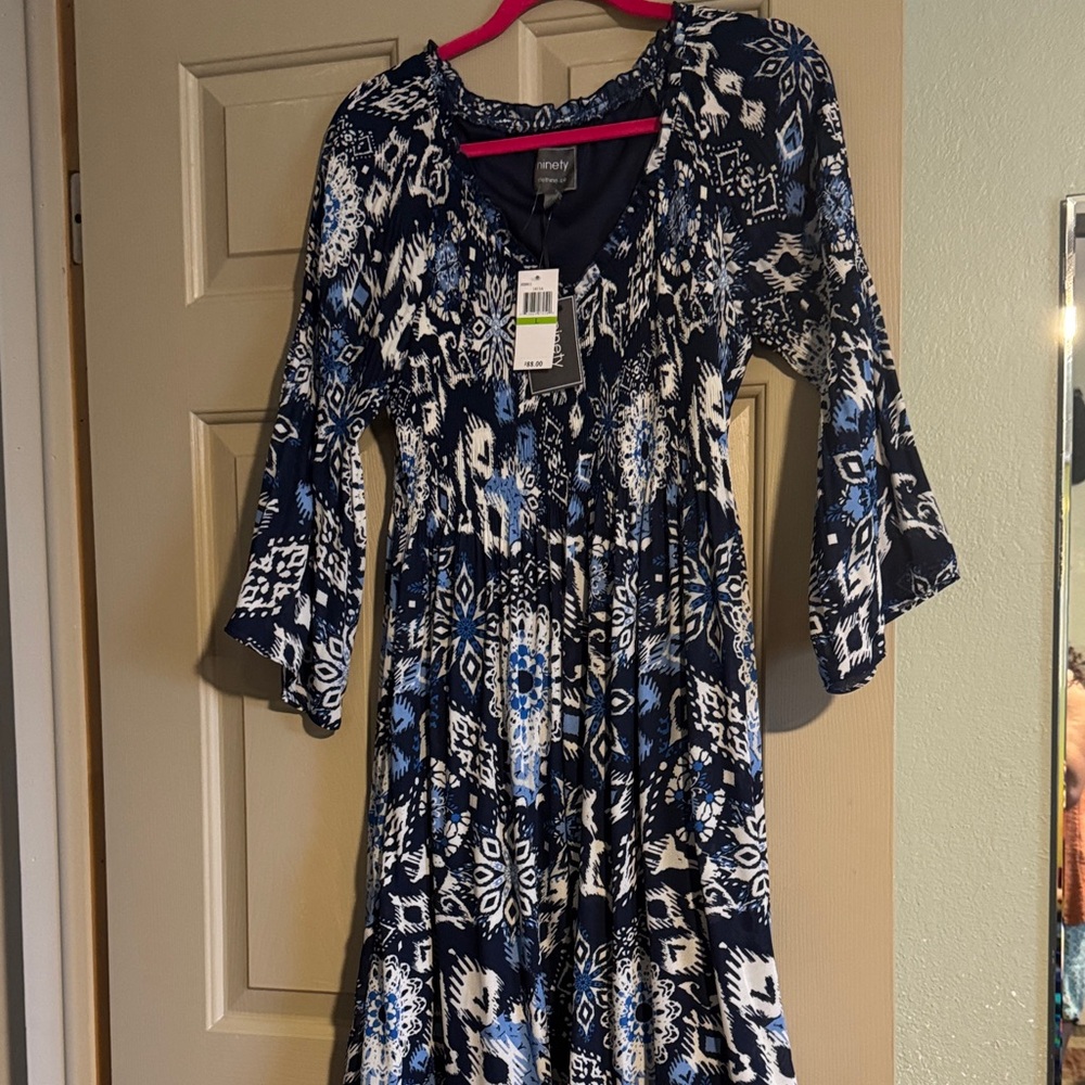Ninety Blue and White Long Sleeve Dress
